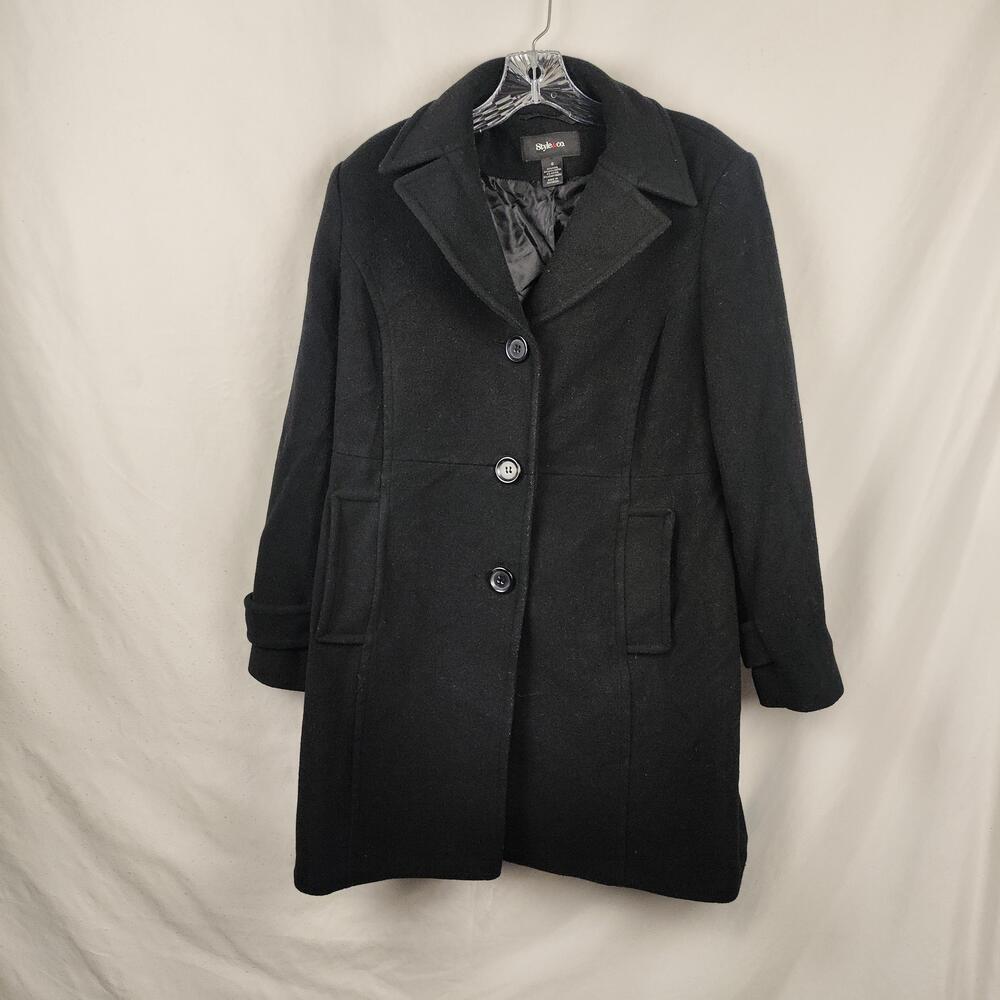Style & Co Coat Womens Small Black Wool Mid Length Button Pockets Lined